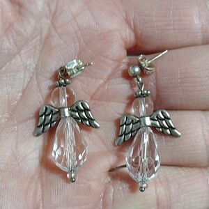 VINTAGE CRYSTAL ANGEL SILVER-TONE DROP DANGLE PUSH-BACK 1.9" EARRINGS